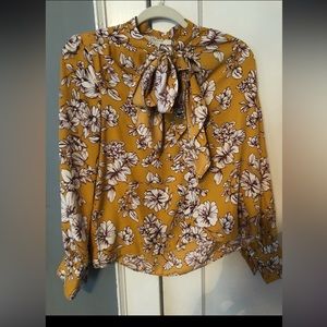 Forever 21 Boho Floral Blouse Long Sleeve Mustard Yellow S